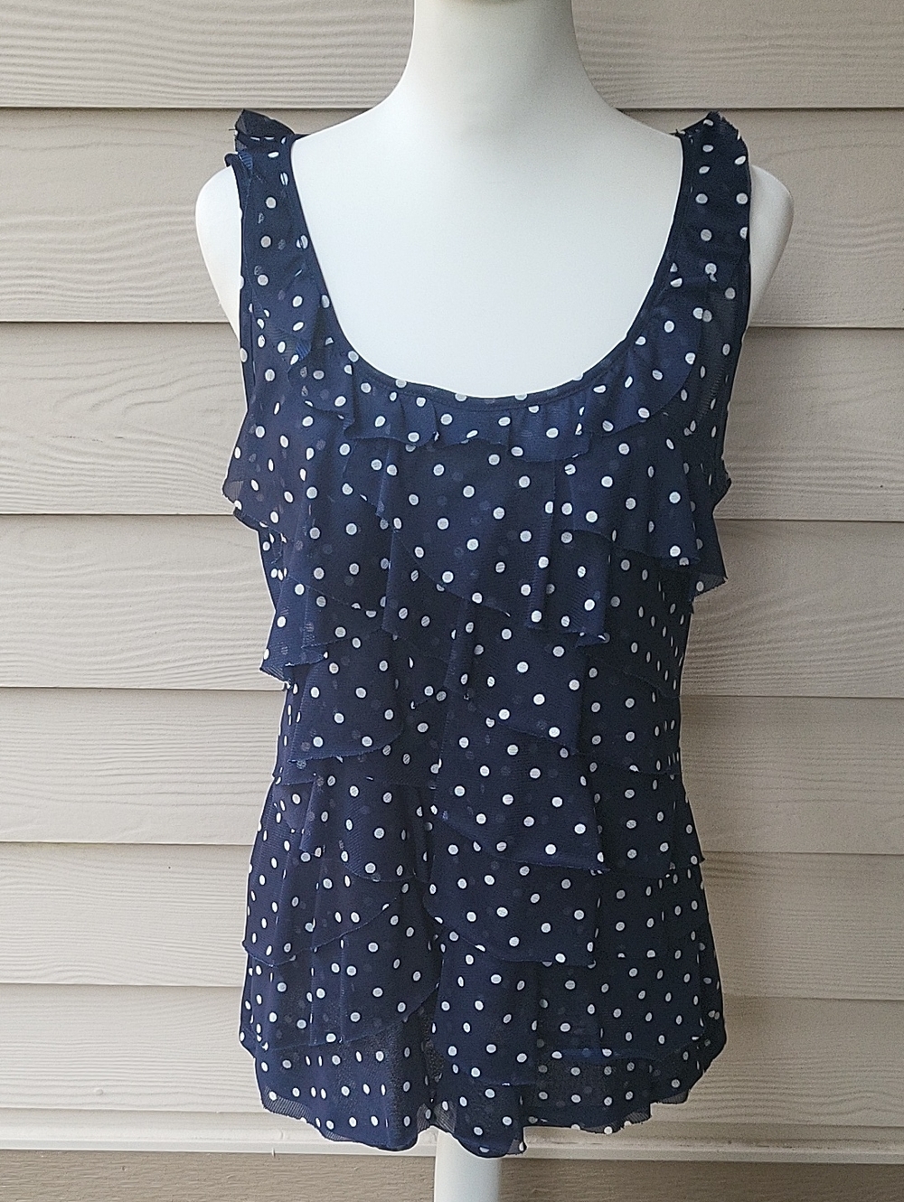 Roz & Ali Navy White Polka Dot Tiered Ruffle Camisole Tank Top XL.